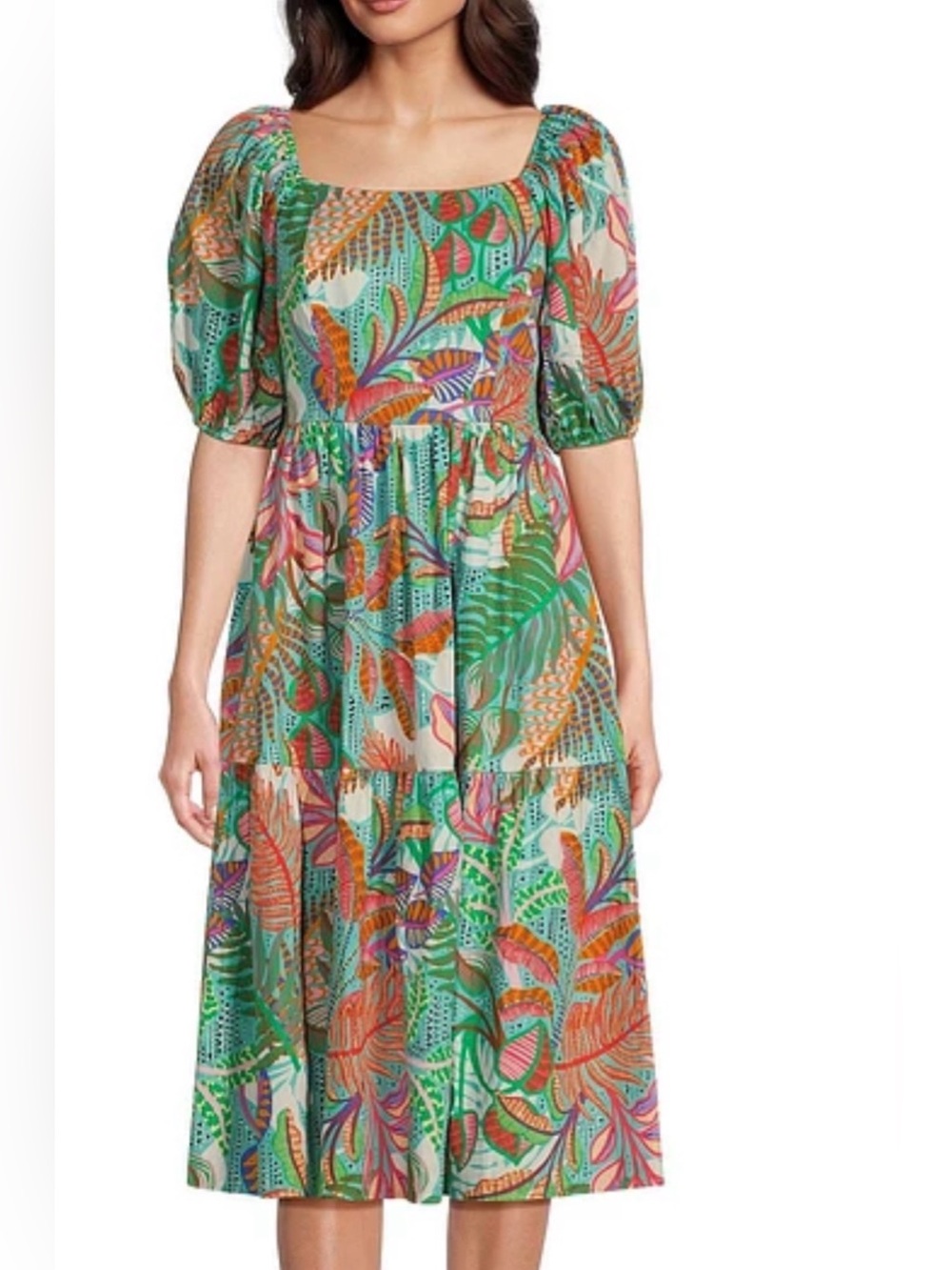 Nwot Vince Camuto Floral Puff-Sleeve tropical Midi Dress  Sz 10